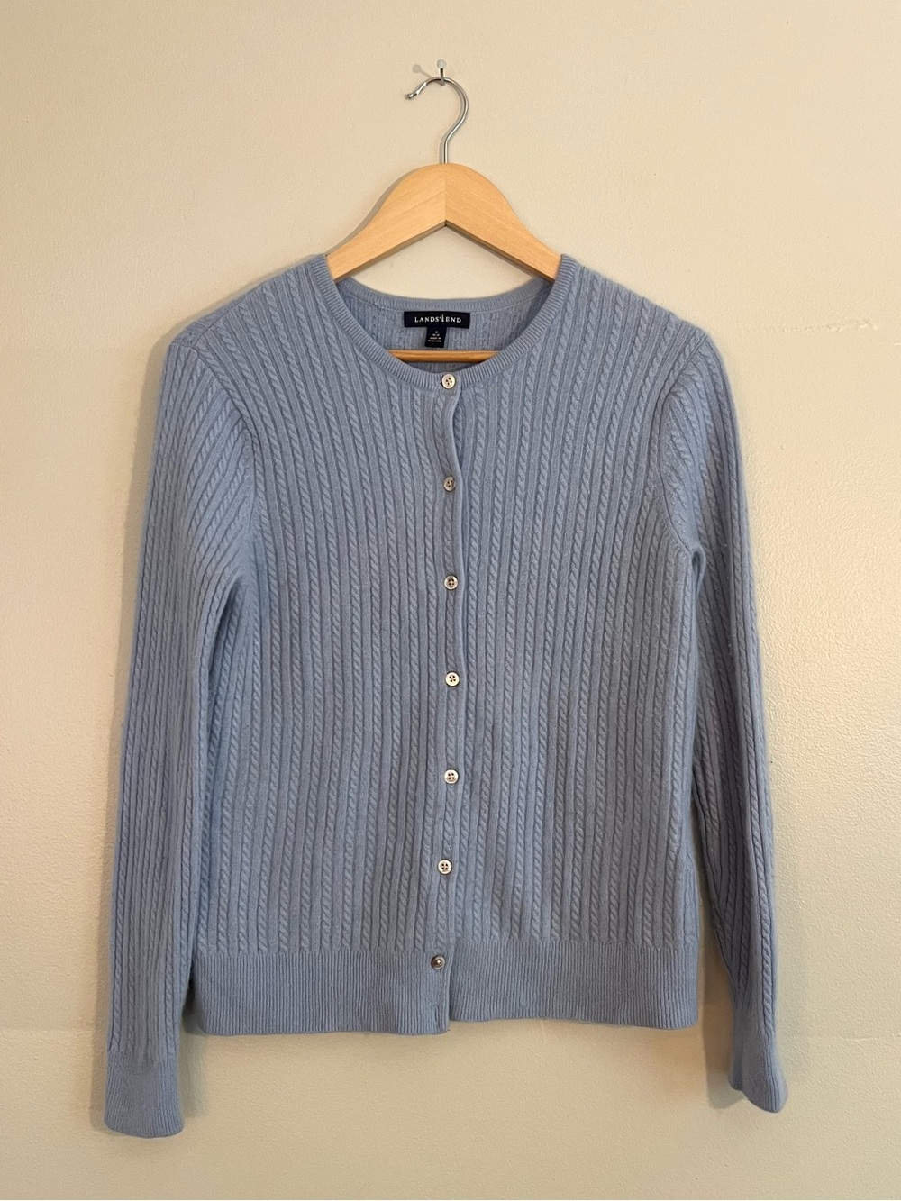Land’s End blue cashmere cable knit cardigan soft cozy Cottagecore preppy office